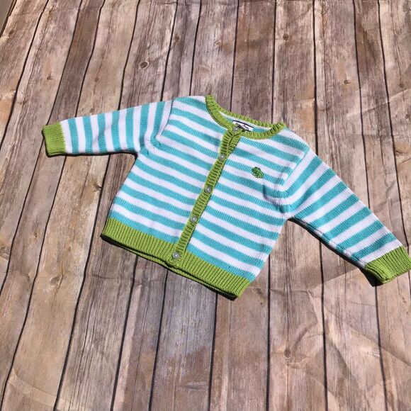 Hartstrings Boys Cardigan Sweater Size 12 Months Teal White Green Frog Striped - Picture 5 of 9